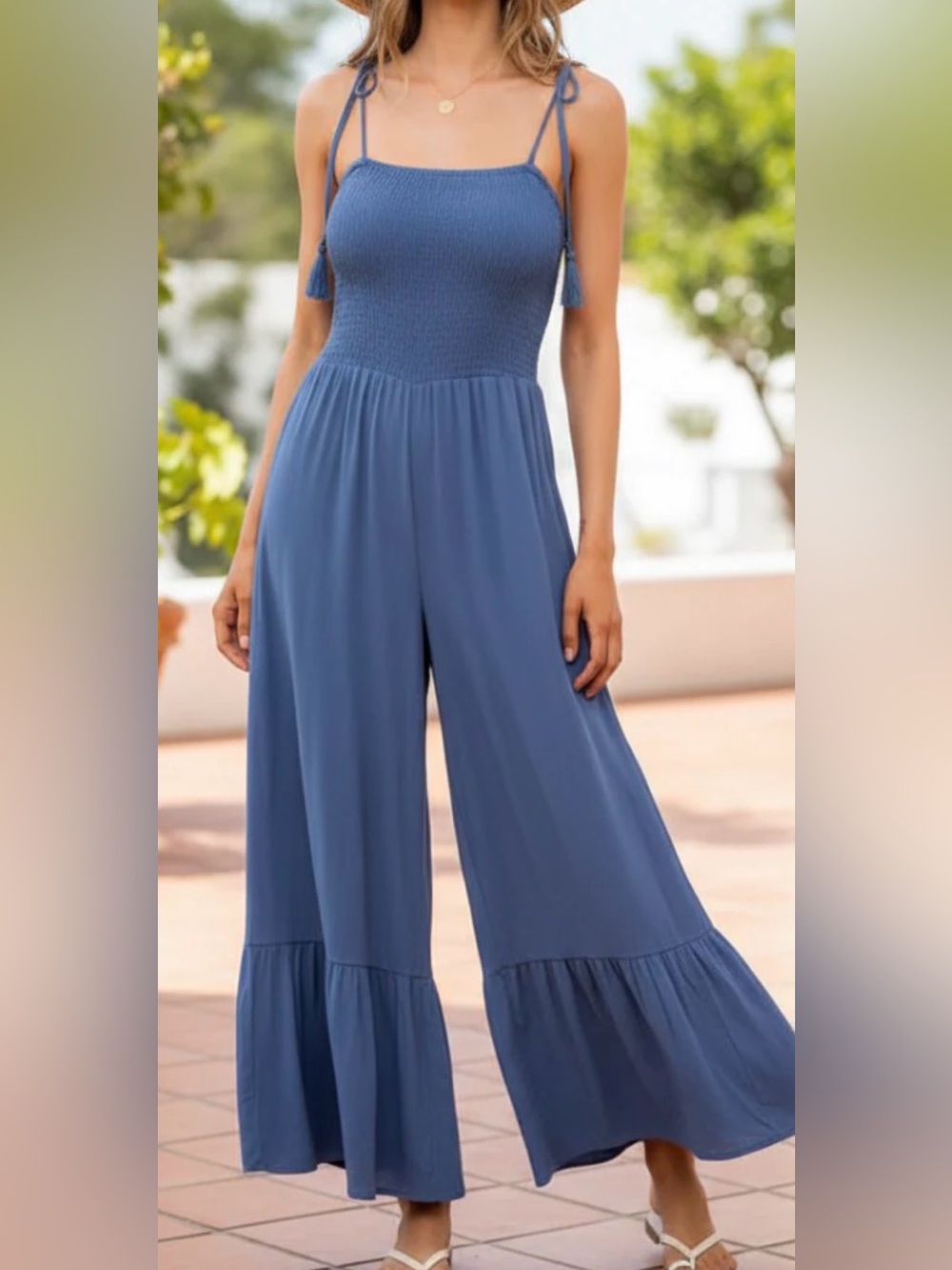 Cute Blue Smocked Top Wide-Leg Jumpsuit with Adorable Tie Straps. Size Large